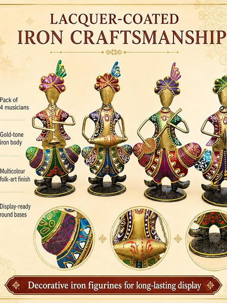 Gold Iron Rajasthani Musician Statue Showpiece Set of 4, 9 Inch