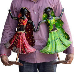 Nritya Dolls Showpiece Set of 2 for Home Decor | Large 20 Inch Wrought Iron Folk Dancer Figurines