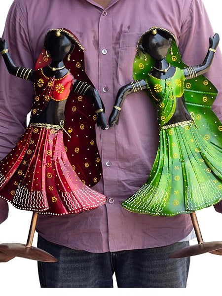 Nritya Dolls Showpiece Set of 2 for Home Decor | Large 20 Inch Wrought Iron Folk Dancer Figurines