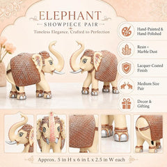 Peach Elephant Showpiece Pair, Marble Dust Resin, 5 Inch