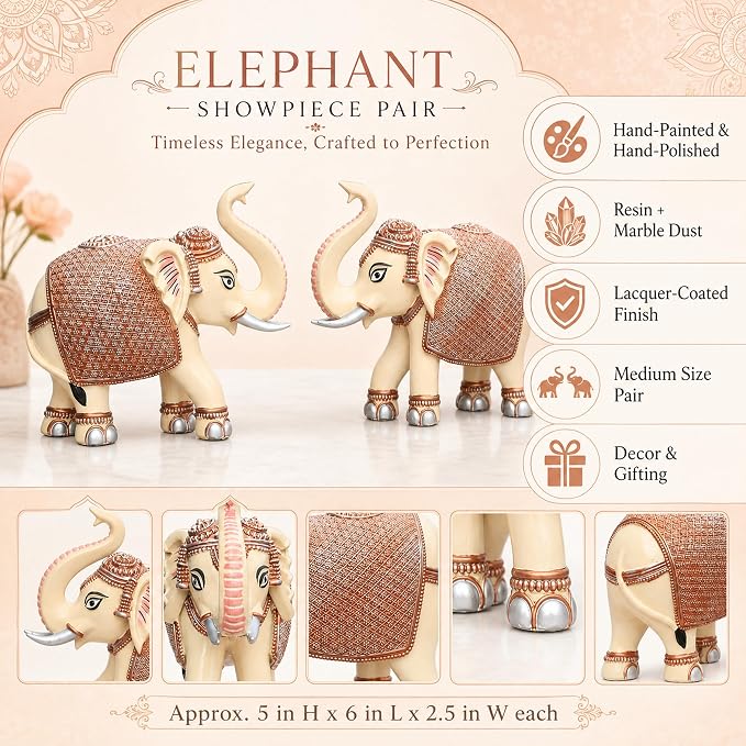 Peach Elephant Showpiece Pair, Marble Dust Resin, 5 Inch