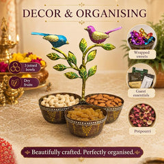 Iron Dry Fruit Bowl Stand with Bird Tree, 3 Bowls, 12 Inch