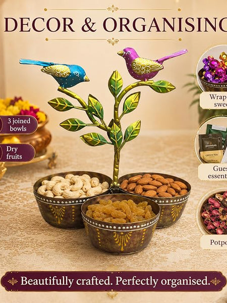 Iron Dry Fruit Bowl Stand with Bird Tree, 3 Bowls, 12 Inch