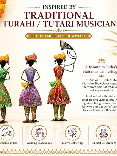 Turahi Tutari Musician Showpiece Set of 3 for Home Decor | 21 Inch Iron Metal Maharashtra Folk Artist Statue Set
