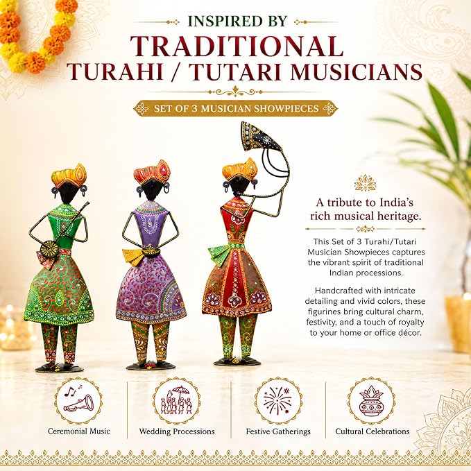 Turahi Tutari Musician Showpiece Set of 3 for Home Decor | 21 Inch Iron Metal Maharashtra Folk Artist Statue Set