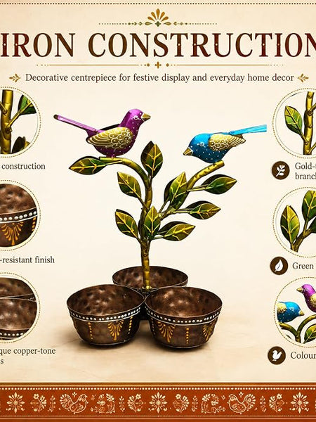 Iron Dry Fruit Bowl Stand with Bird Tree, 3 Bowls, 12 Inch