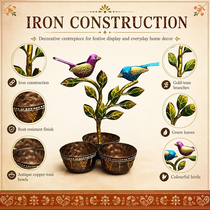 Iron Dry Fruit Bowl Stand with Bird Tree, 3 Bowls, 12 Inch
