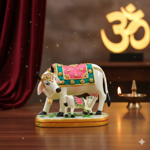 Premium Golden Kamdhenu Cow & Calf Statue for Home