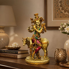 Lord Krishna with Sacred Cow Resin Sculpture for Home