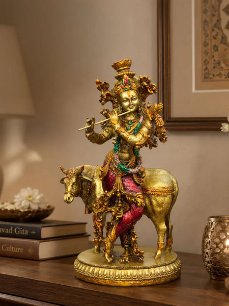 Lord Krishna with Sacred Cow Resin Sculpture for Home