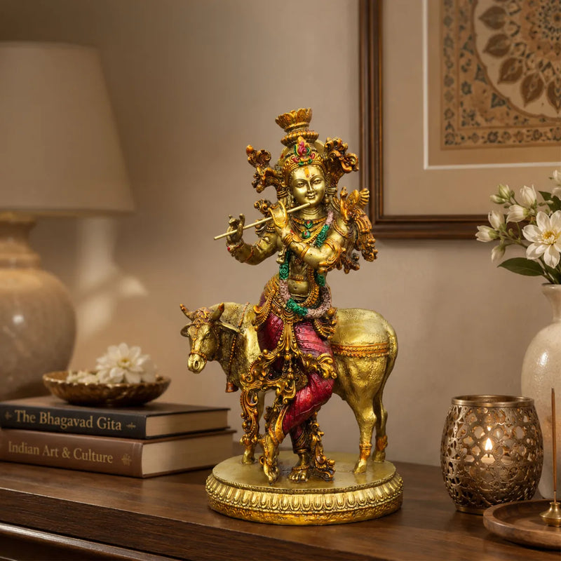 Lord Krishna with Sacred Cow Resin Sculpture for Home