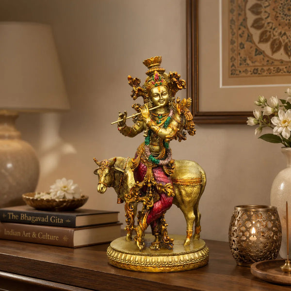 Lord Krishna with Sacred Cow Resin Sculpture for Home