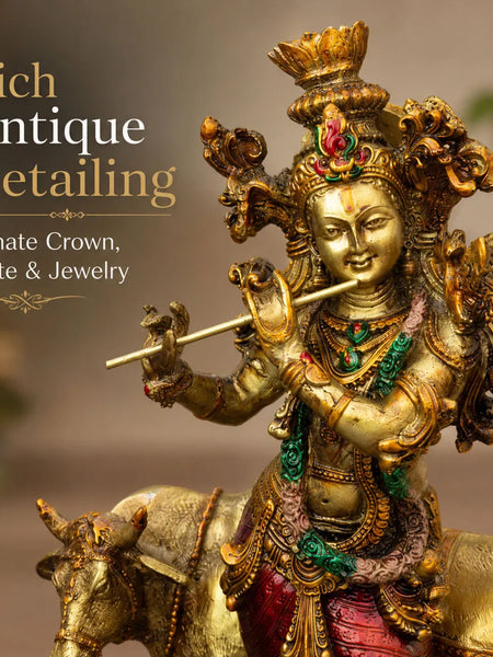 Lord Krishna with Sacred Cow Resin Sculpture for Home