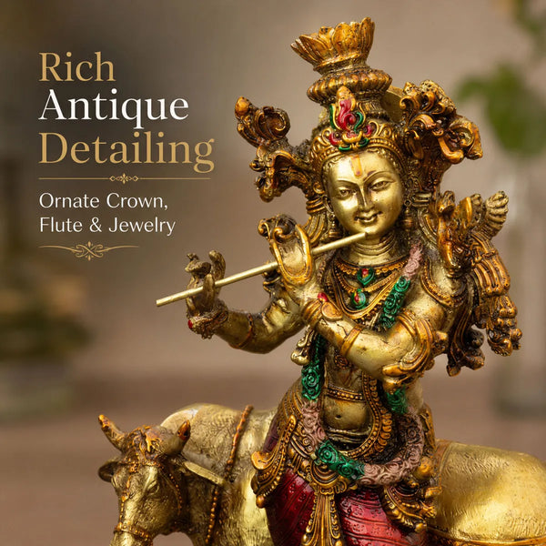 Lord Krishna with Sacred Cow Resin Sculpture for Home