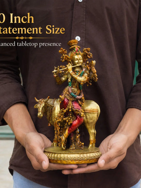 Lord Krishna with Sacred Cow Resin Sculpture for Home