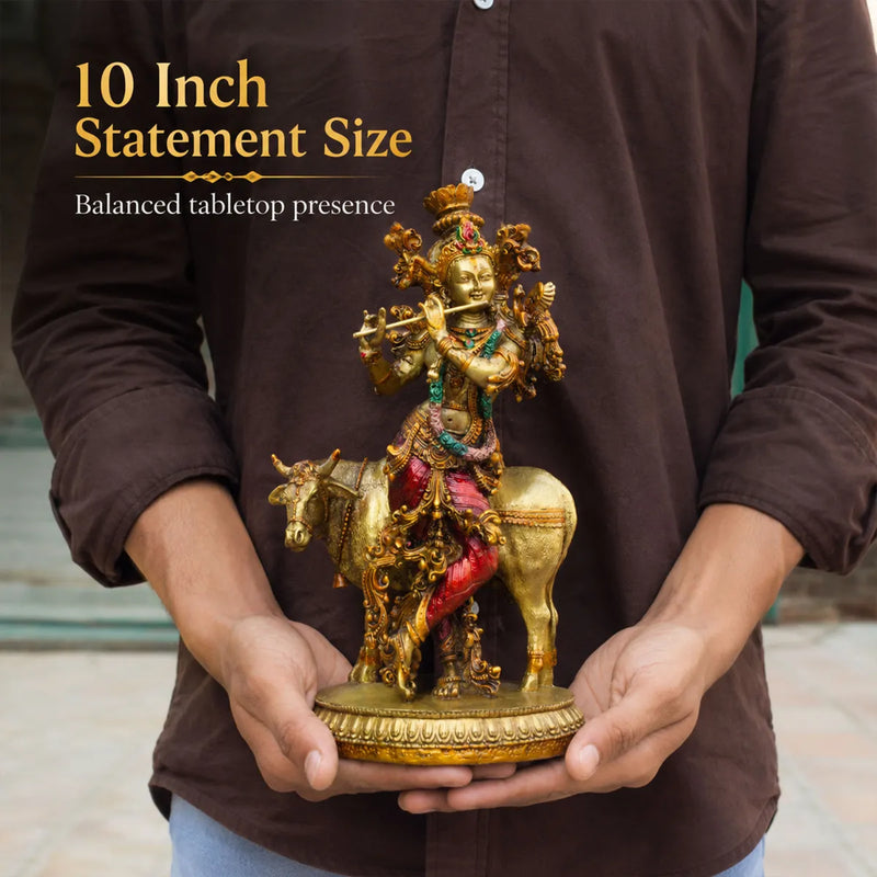 Lord Krishna with Sacred Cow Resin Sculpture for Home