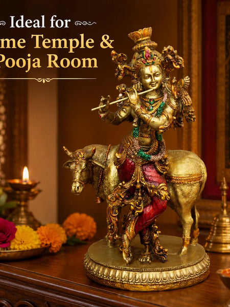 Lord Krishna with Sacred Cow Resin Sculpture for Home