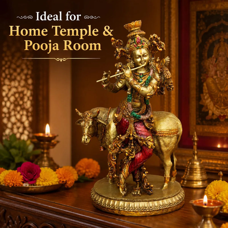 Lord Krishna with Sacred Cow Resin Sculpture for Home