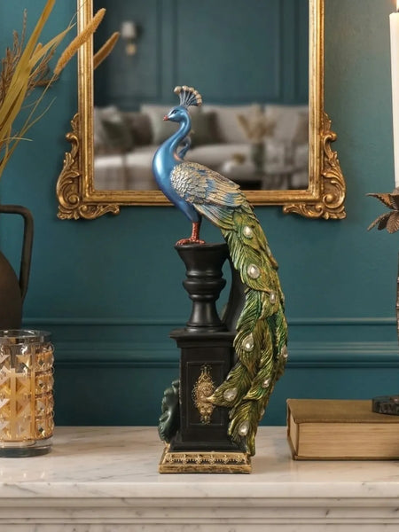 Blue Majestic Peacock Statue with Jeweled Tail, Design 1