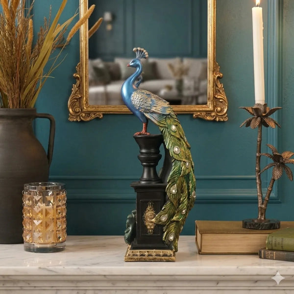Blue Majestic Peacock Statue with Jeweled Tail, Design 1