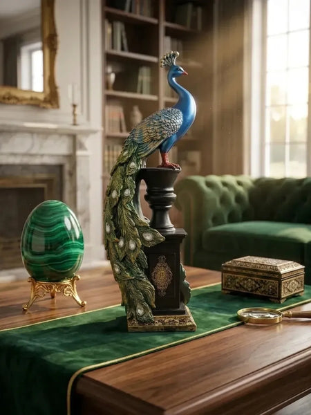 Blue Majestic Peacock Statue with Jeweled Tail, Design 1
