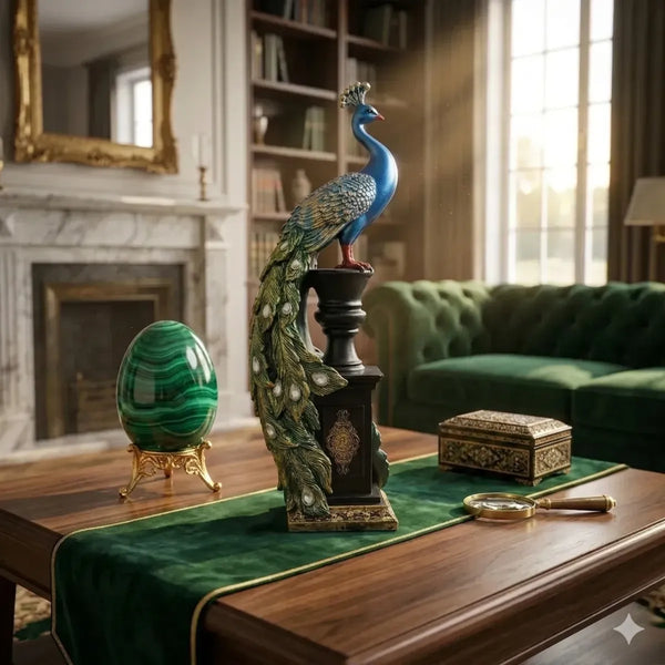 Blue Majestic Peacock Statue with Jeweled Tail, Design 1
