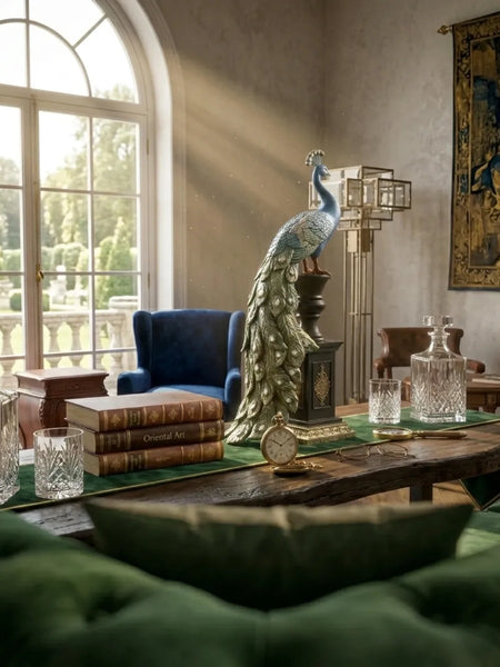 Blue Majestic Peacock Statue with Jeweled Tail, Design 1