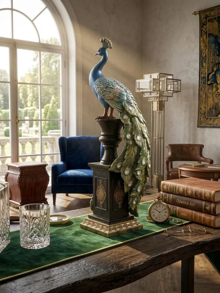 Blue Majestic Peacock Statue with Jeweled Tail, Design 1