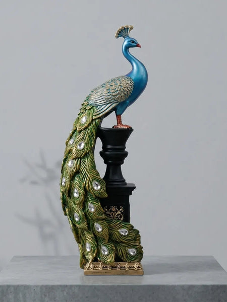 Blue Majestic Peacock Statue with Jeweled Tail, Design 1