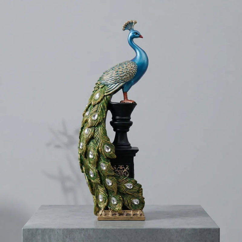 Blue Majestic Peacock Statue with Jeweled Tail, Design 1