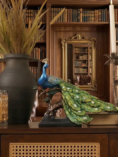 Blue Majestic Peacock Statue with Jeweled Tail, Design 2