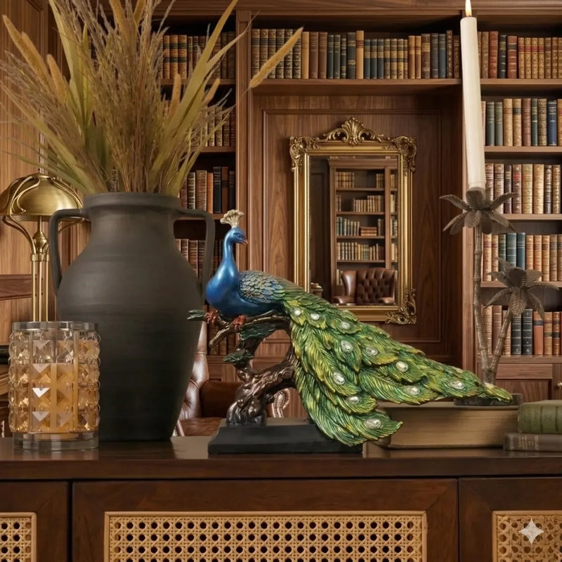 Blue Majestic Peacock Statue with Jeweled Tail, Design 2
