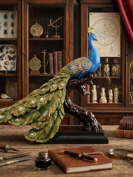 Blue Majestic Peacock Statue with Jeweled Tail, Design 2