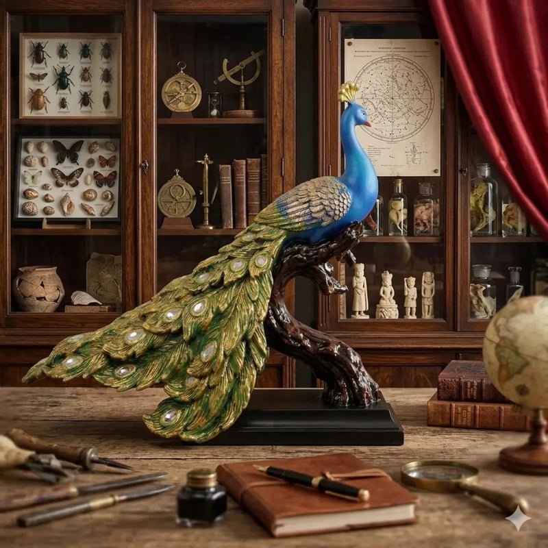 Blue Majestic Peacock Statue with Jeweled Tail, Design 2