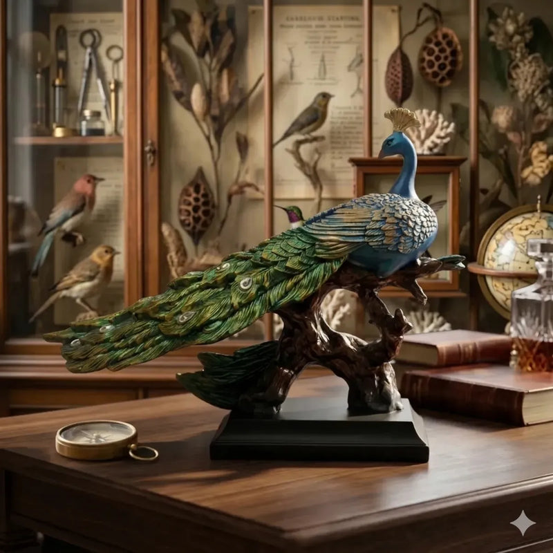 Blue Majestic Peacock Statue with Jeweled Tail, Design 2