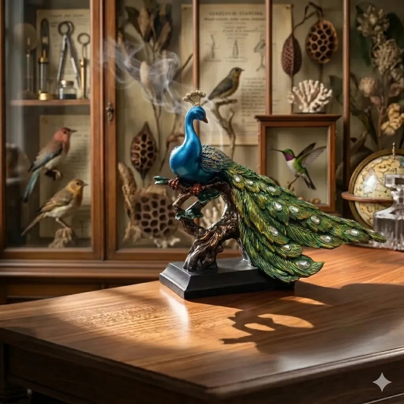 Blue Majestic Peacock Statue with Jeweled Tail, Design 2