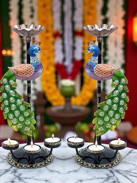 Peacock Tealight Candle Holder Stand, Set of 2
