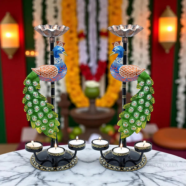 Peacock Tealight Candle Holder Stand, Set of 2