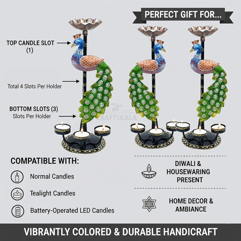 Peacock Tealight Candle Holder Stand, Set of 2