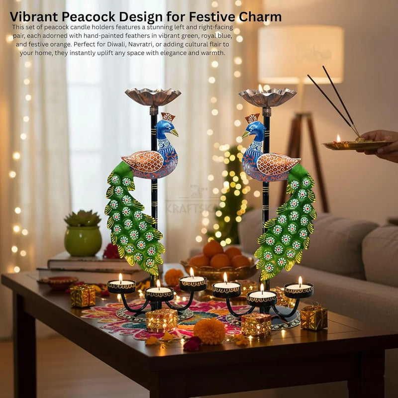 Peacock Tealight Candle Holder Stand, Set of 2