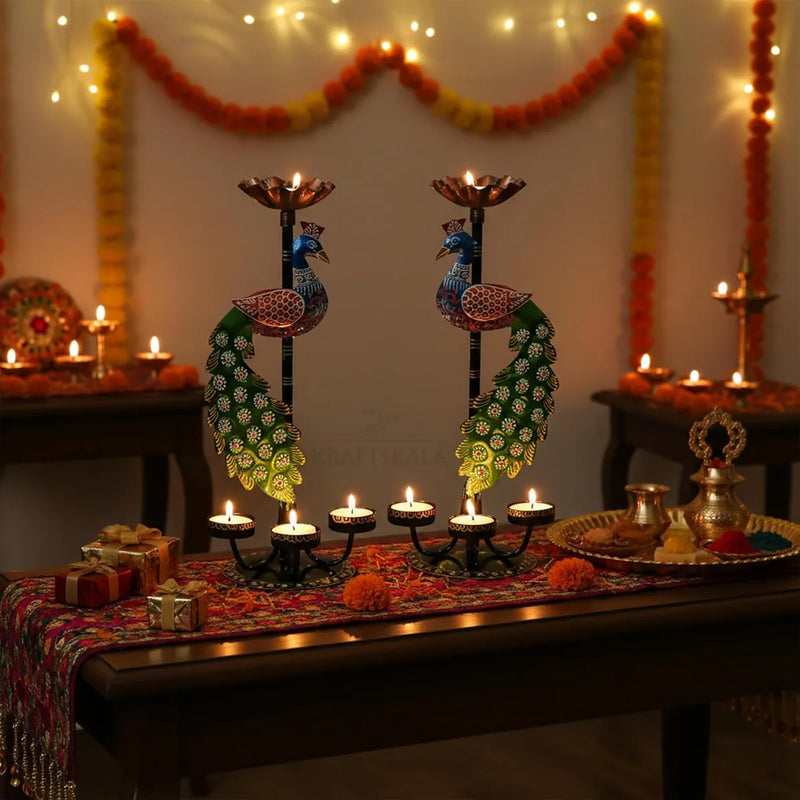 Peacock Tealight Candle Holder Stand, Set of 2