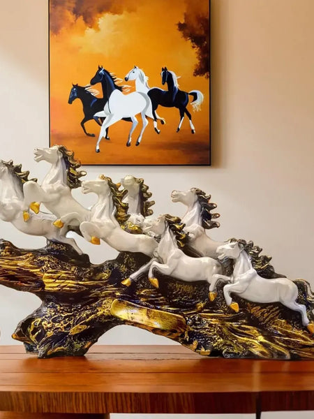 Seven Running Horses Showpiece on Golden Wave Base