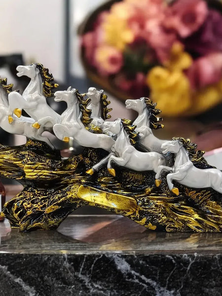 Seven Running Horses Showpiece on Golden Wave Base