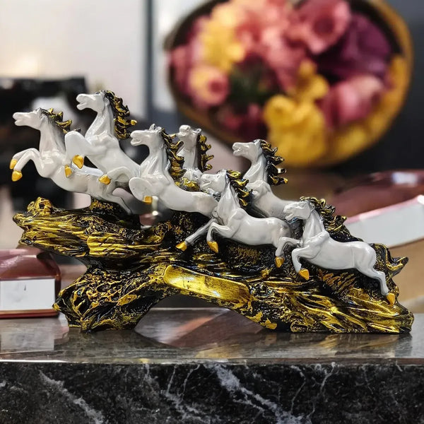 Seven Running Horses Showpiece on Golden Wave Base