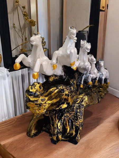 Seven Running Horses Showpiece on Golden Wave Base