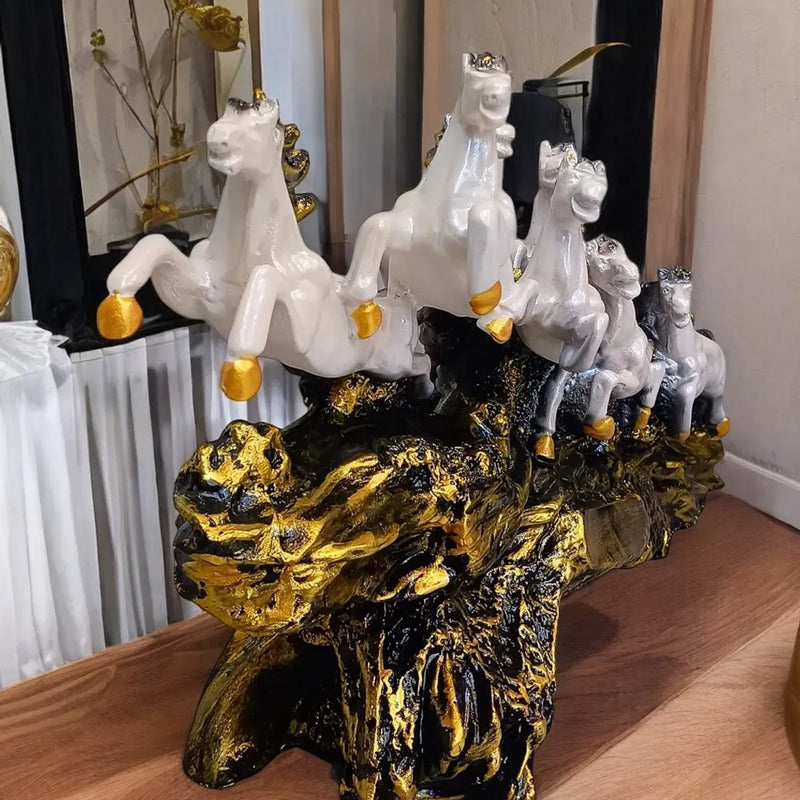 Seven Running Horses Showpiece on Golden Wave Base