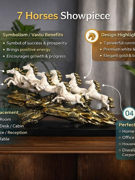 Seven Running Horses Showpiece on Golden Wave Base