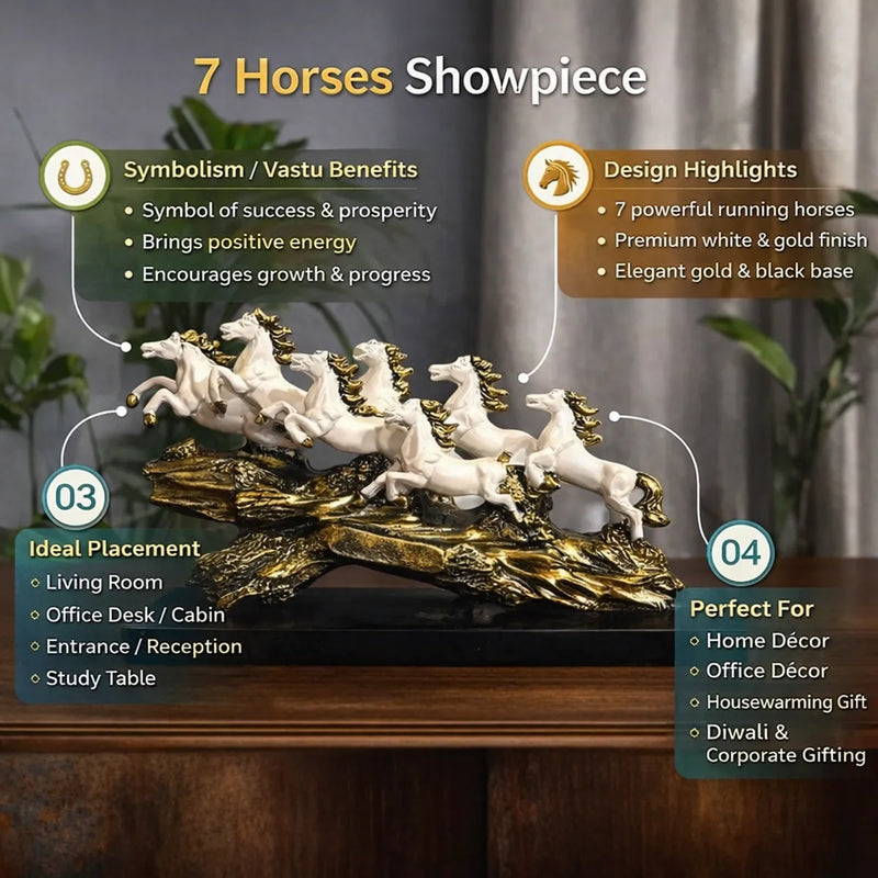 Seven Running Horses Showpiece on Golden Wave Base