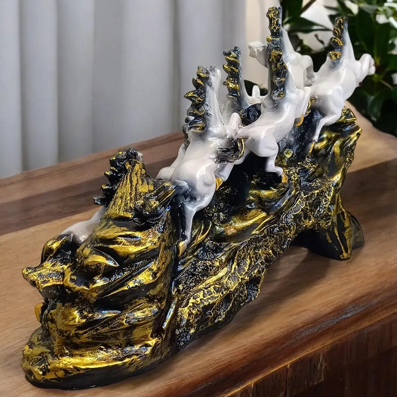 Seven Running Horses Showpiece on Golden Wave Base