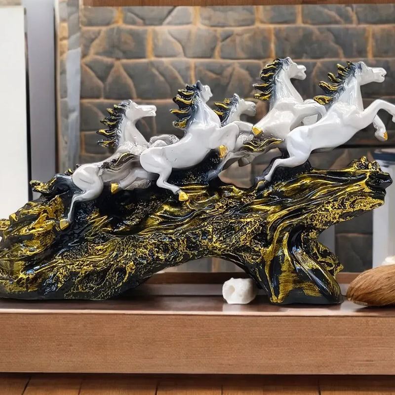 Seven Running Horses Showpiece on Golden Wave Base